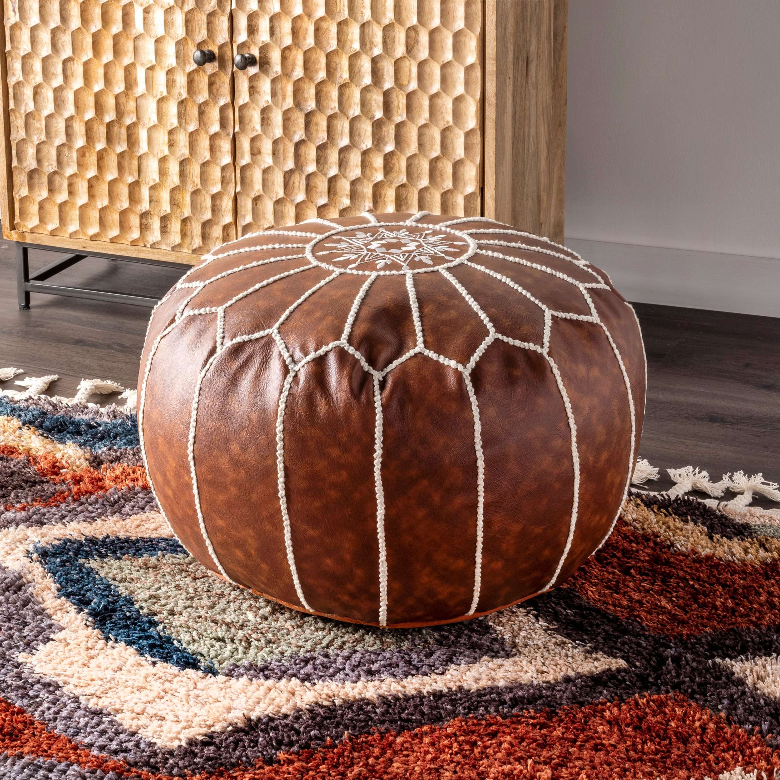 Classic Moroccan Faux Leather Filled Ottoman Pouf - Image 2