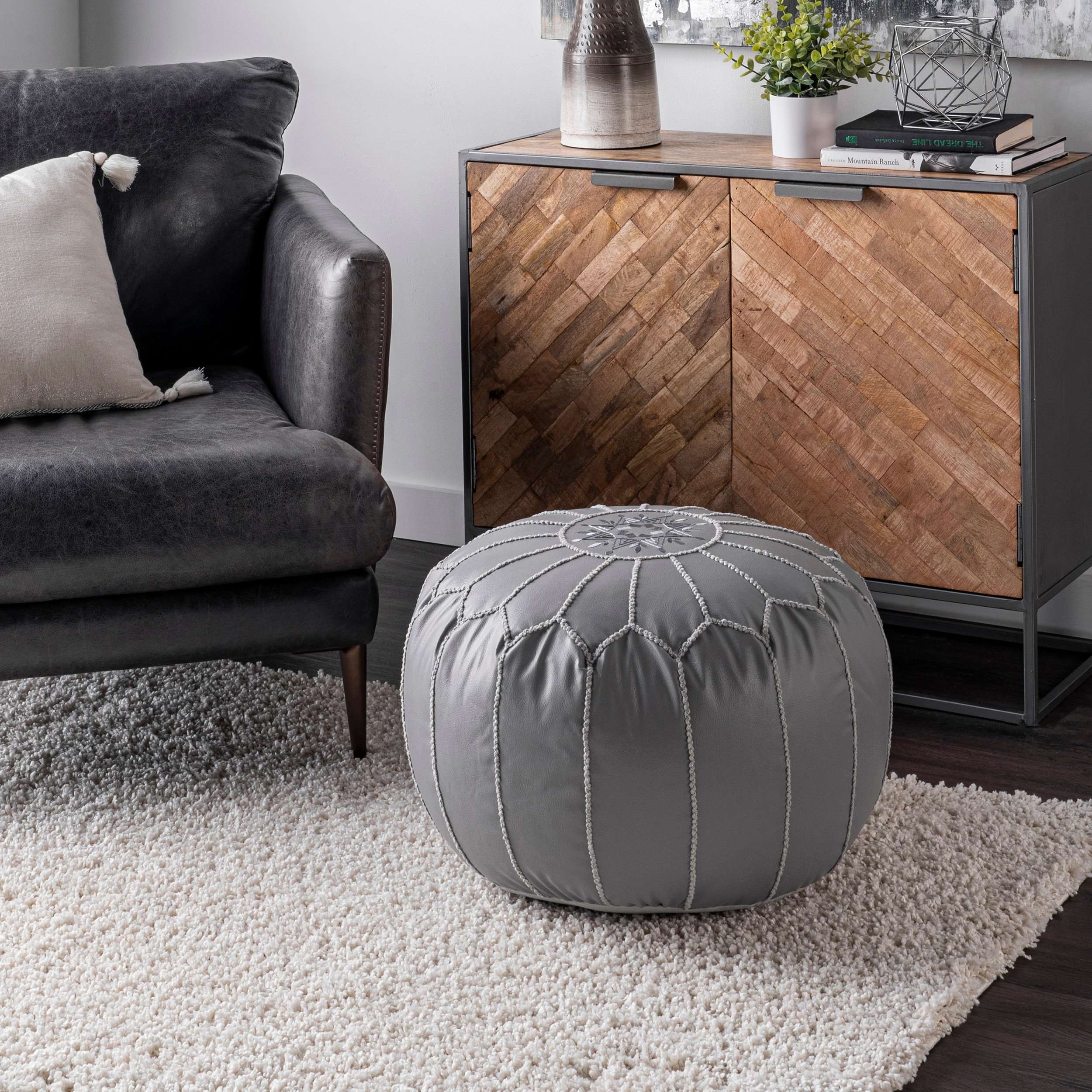 Classic Moroccan Faux Leather Filled Ottoman Pouf - Image 14