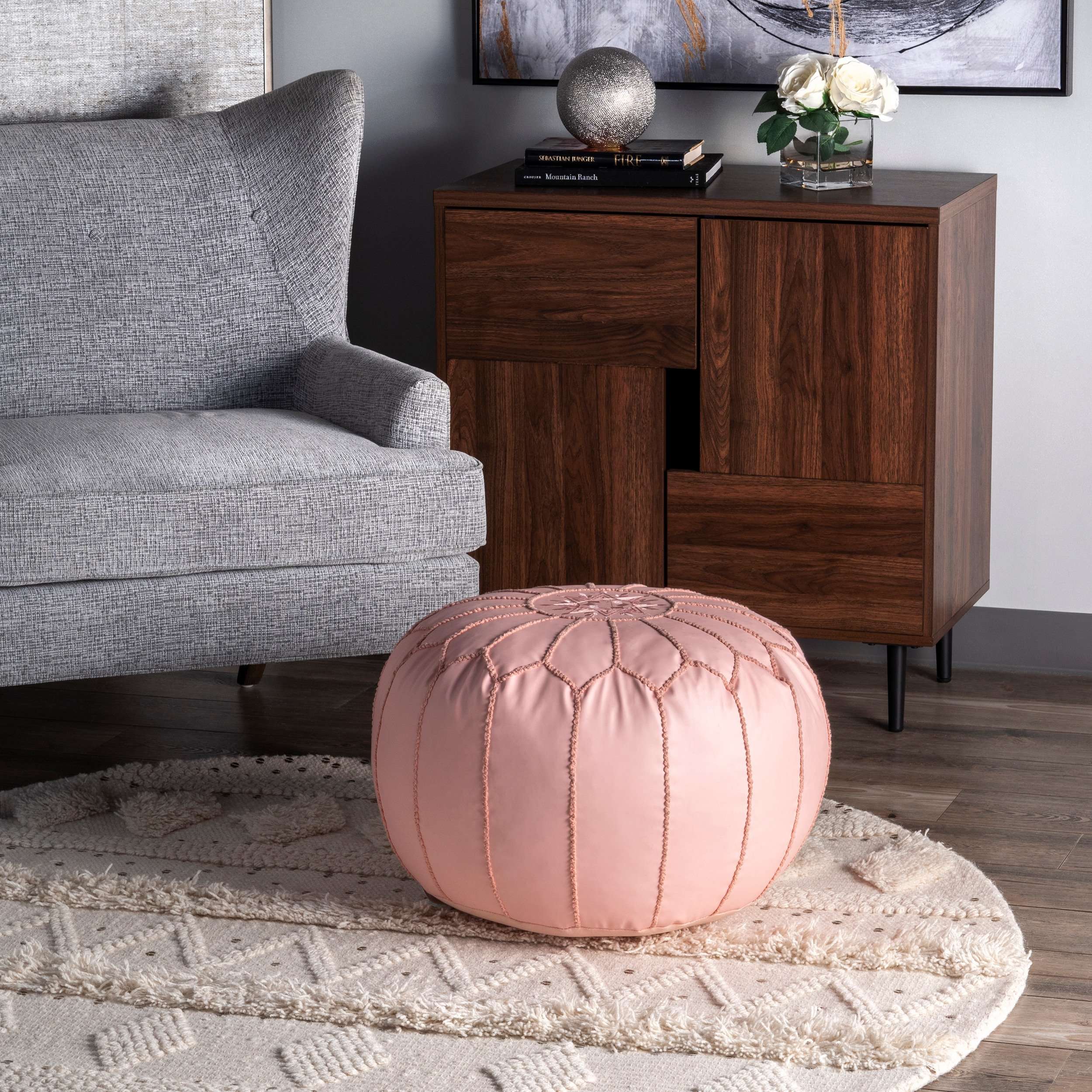 Classic Moroccan Faux Leather Filled Ottoman Pouf - Image 17