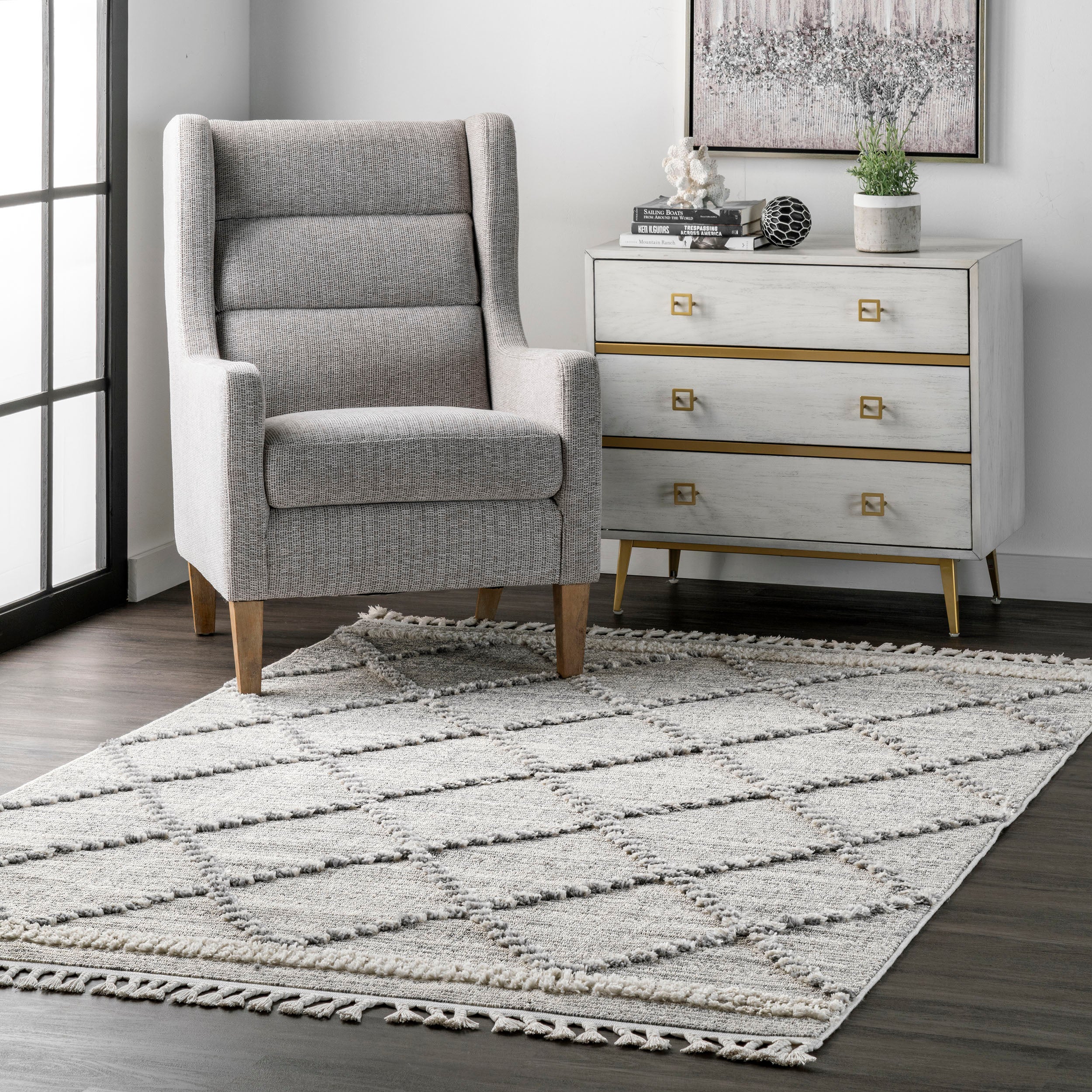 Skylar Textured Cable Trellis Tassel Area Rug - Image 2