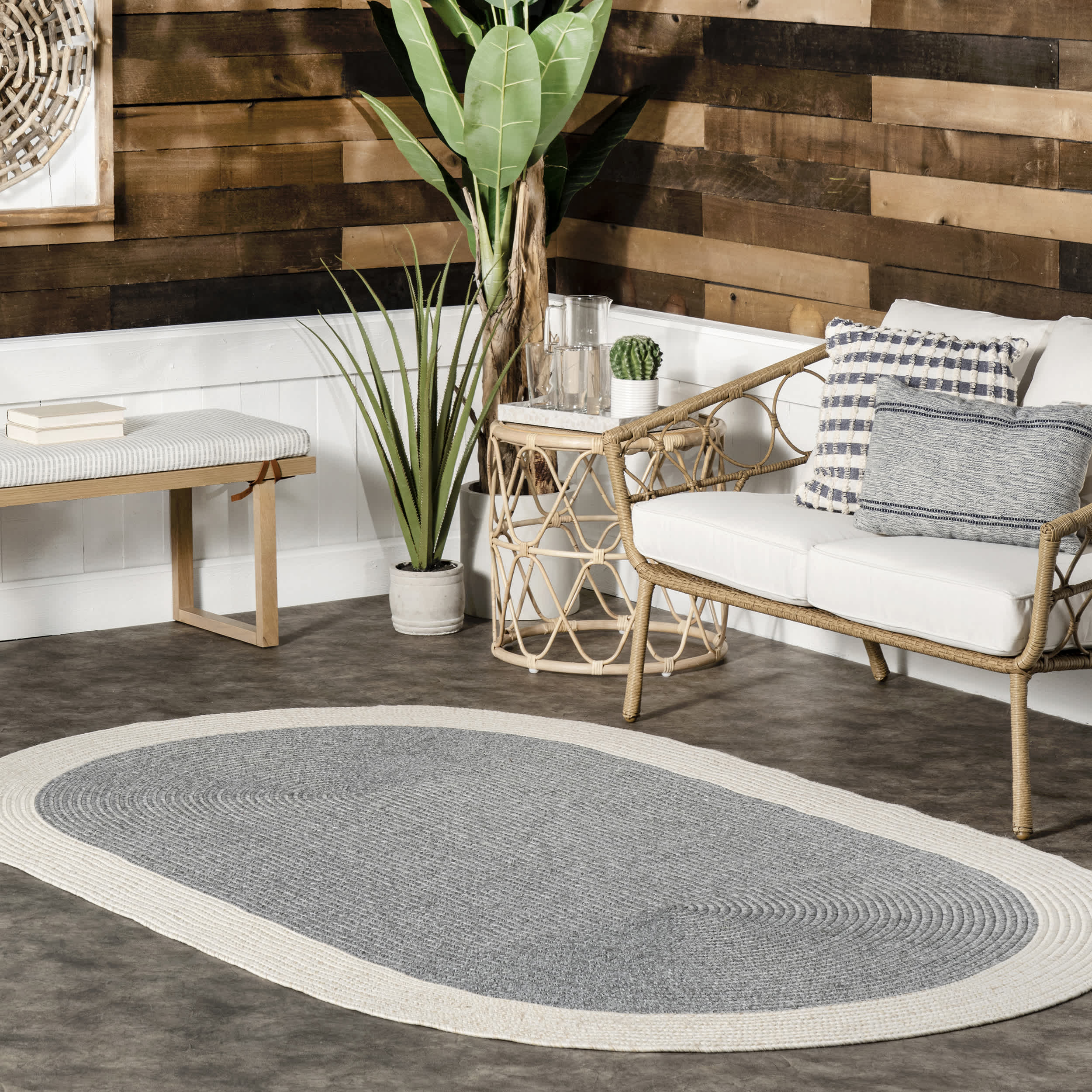 Indoor/Outdoor Braided Solid Border Delaine Area Rug - Image 2