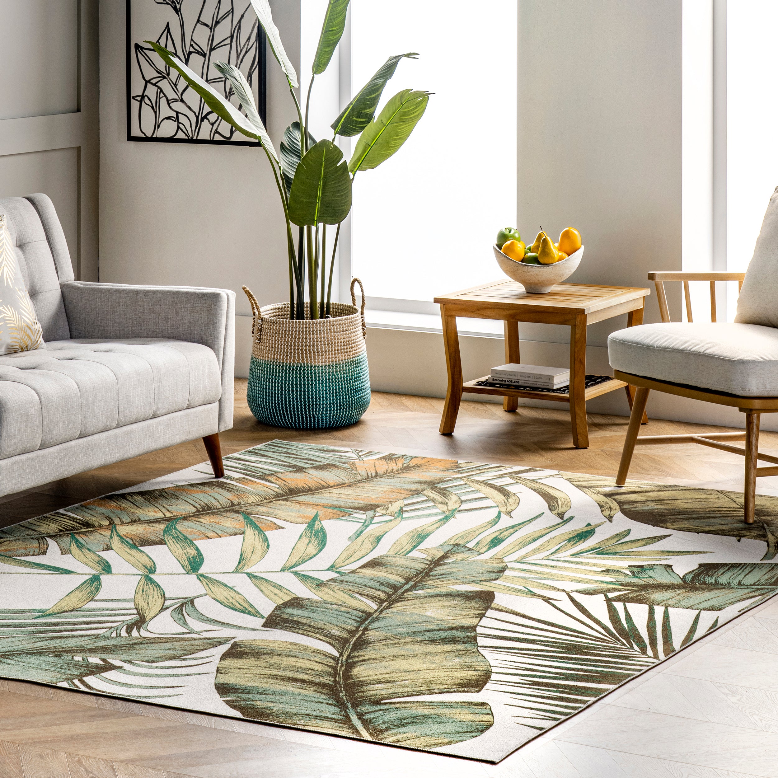 Elen Machine Washable Natural Leaves Area Rug - Image 2
