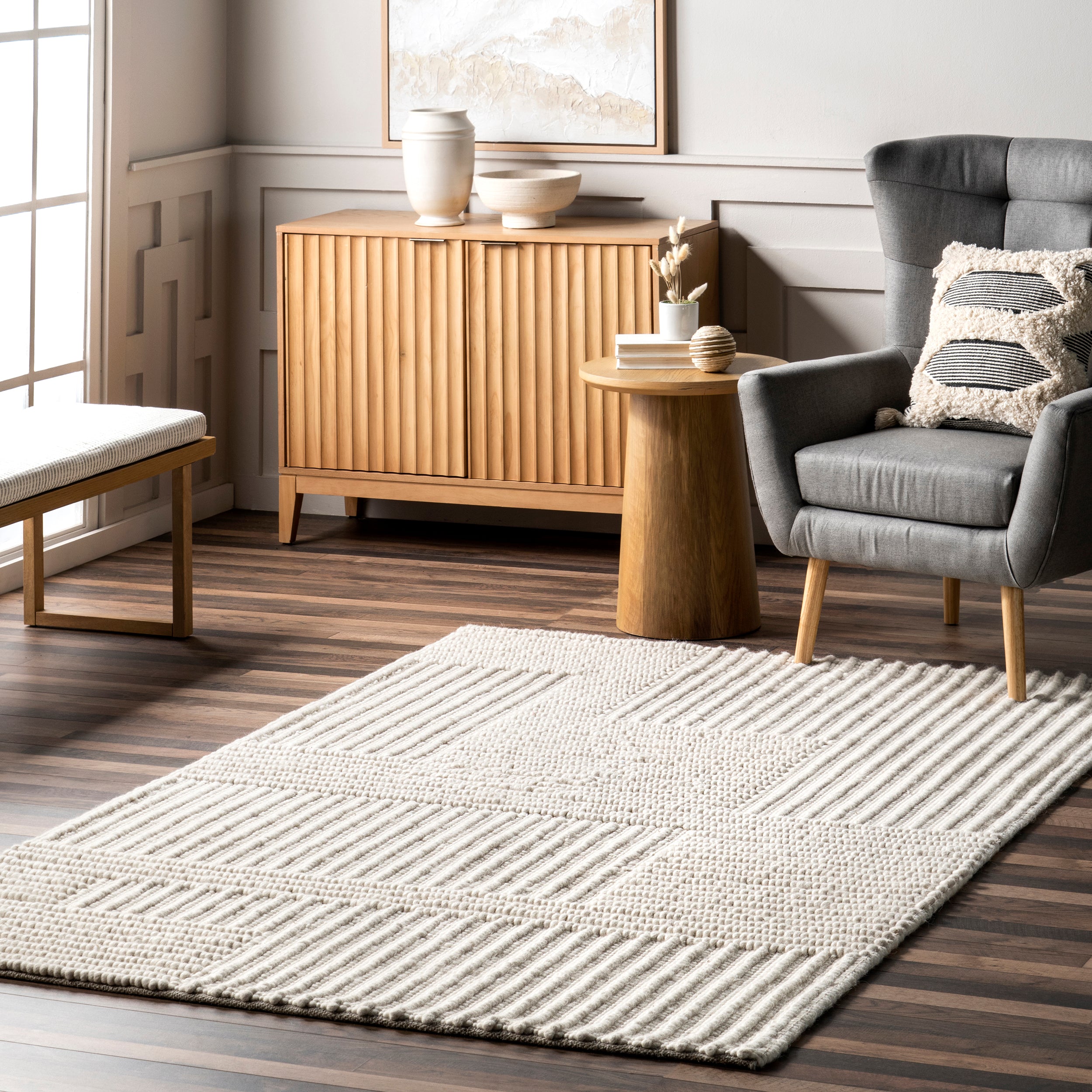 Dorene Contemporary High-Low Striped Wool Area Rug - Image 2