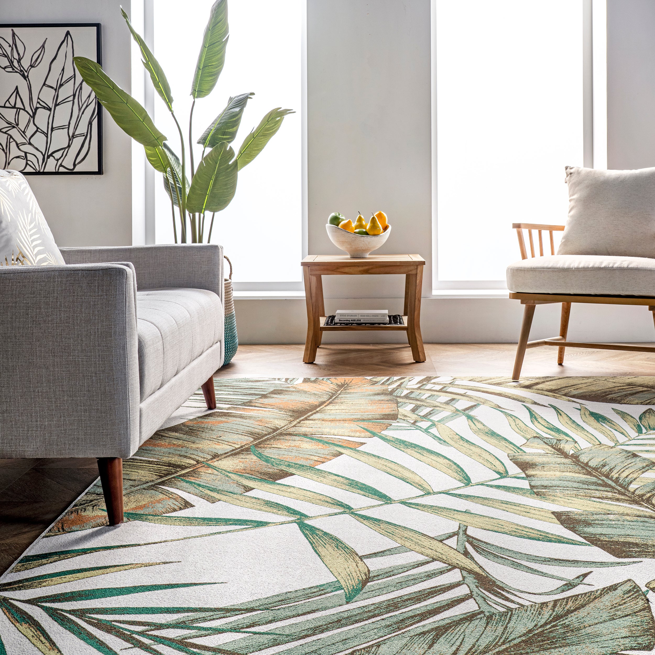 Elen Machine Washable Natural Leaves Area Rug - Image 8