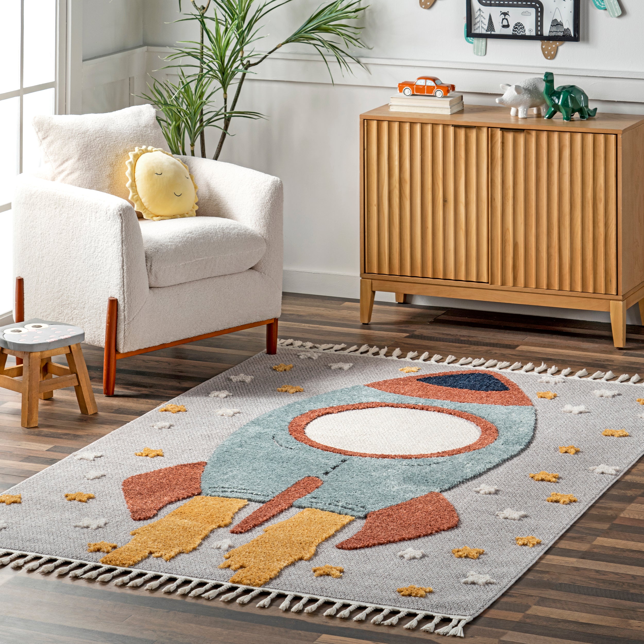 Journee Rocket Ship High-Low Kids Tasseled Area Rug - Image 2