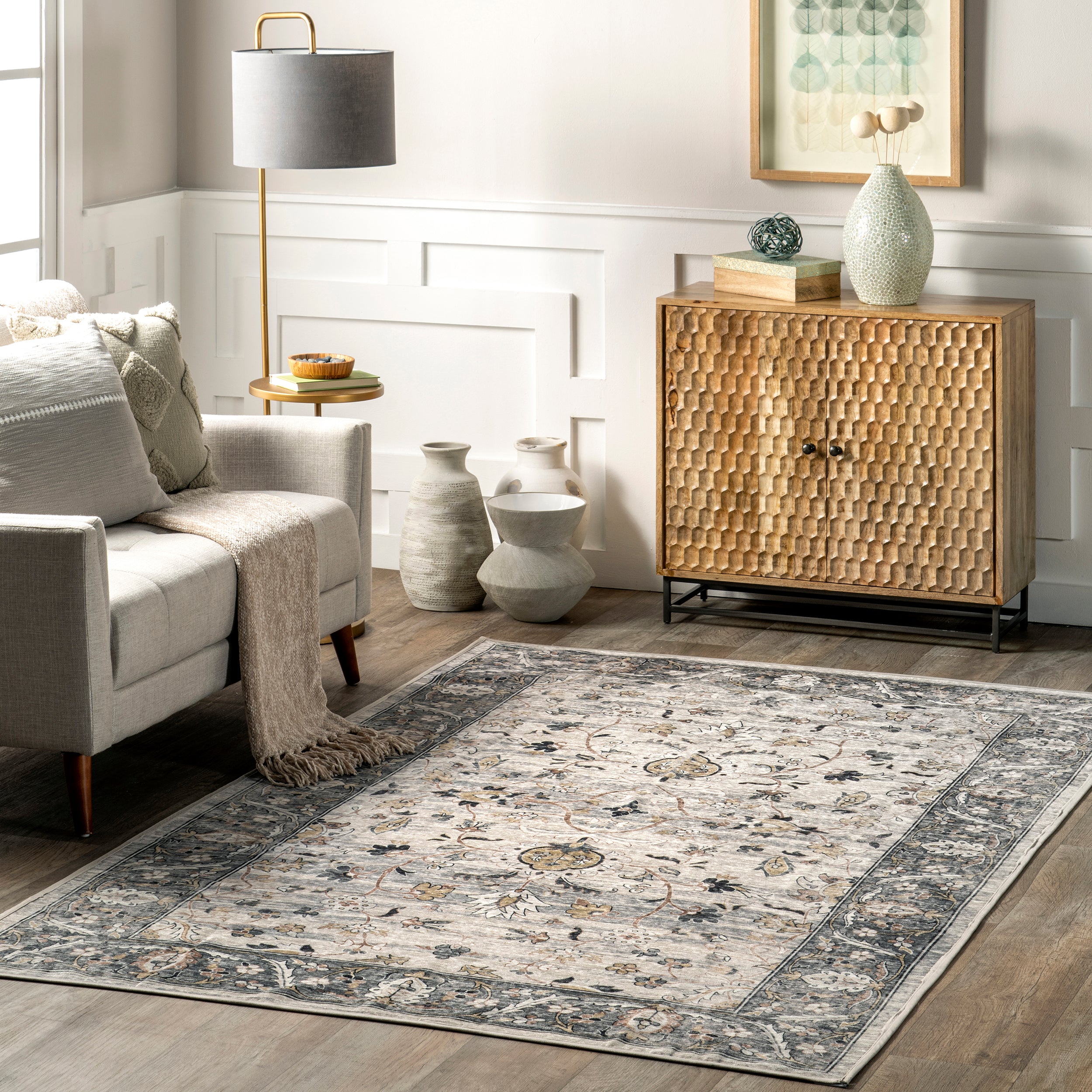 Dera Floral Border Machine Washable Area Rug - Image 2