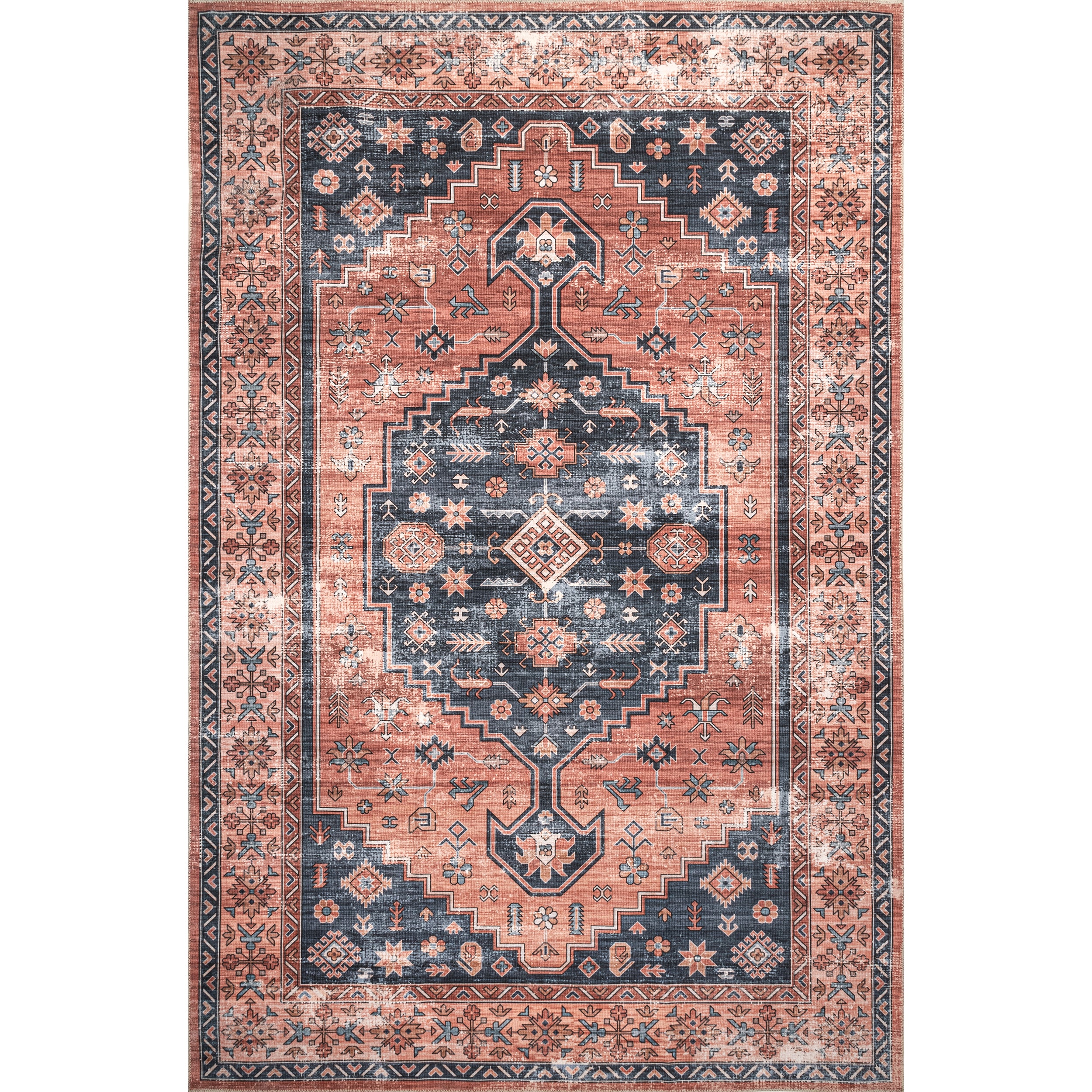 Medallion Bordered Machine Washable Area Rug