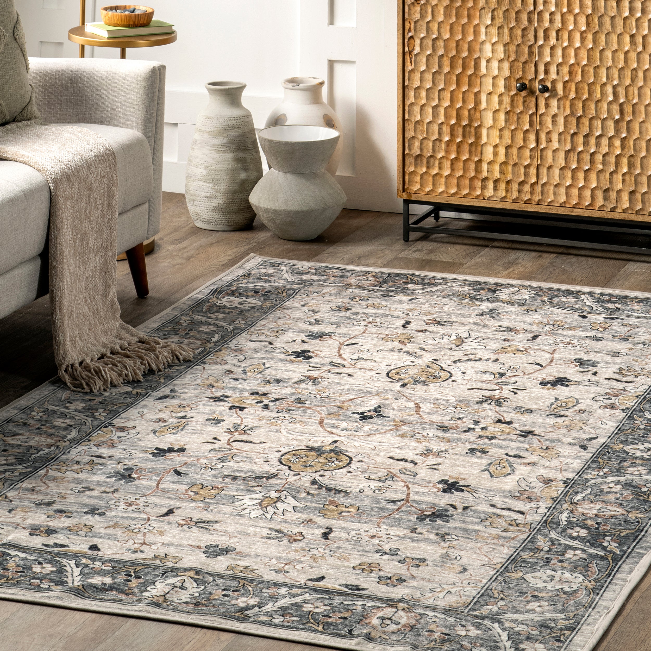Dera Floral Border Machine Washable Area Rug - Image 9
