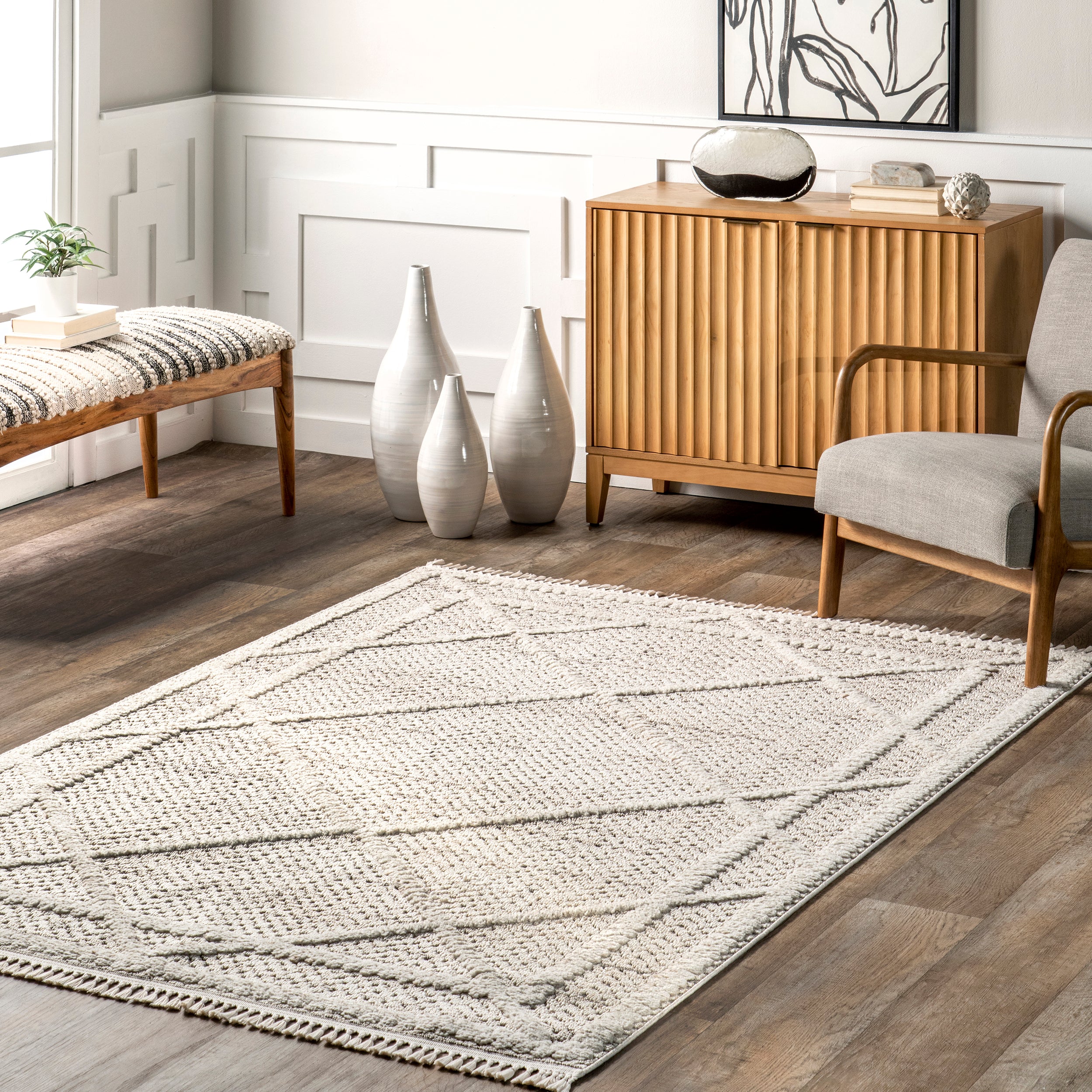 Dazi Moroccan Diamond High/Low Tasseled Area Rug - Image 2