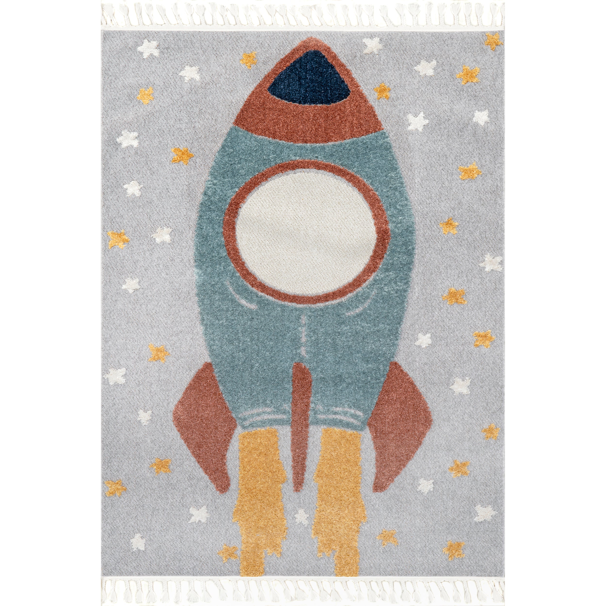 Journee Rocket Ship High-Low Kids Tasseled Area Rug