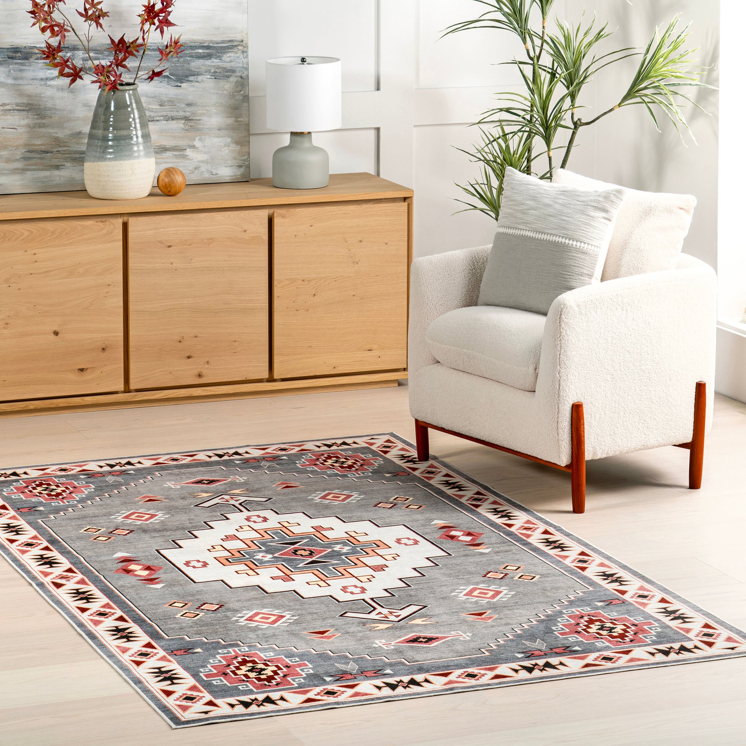 Lynx Southwestern Stain-Resistant Machine Washable Area Rug - Image 2