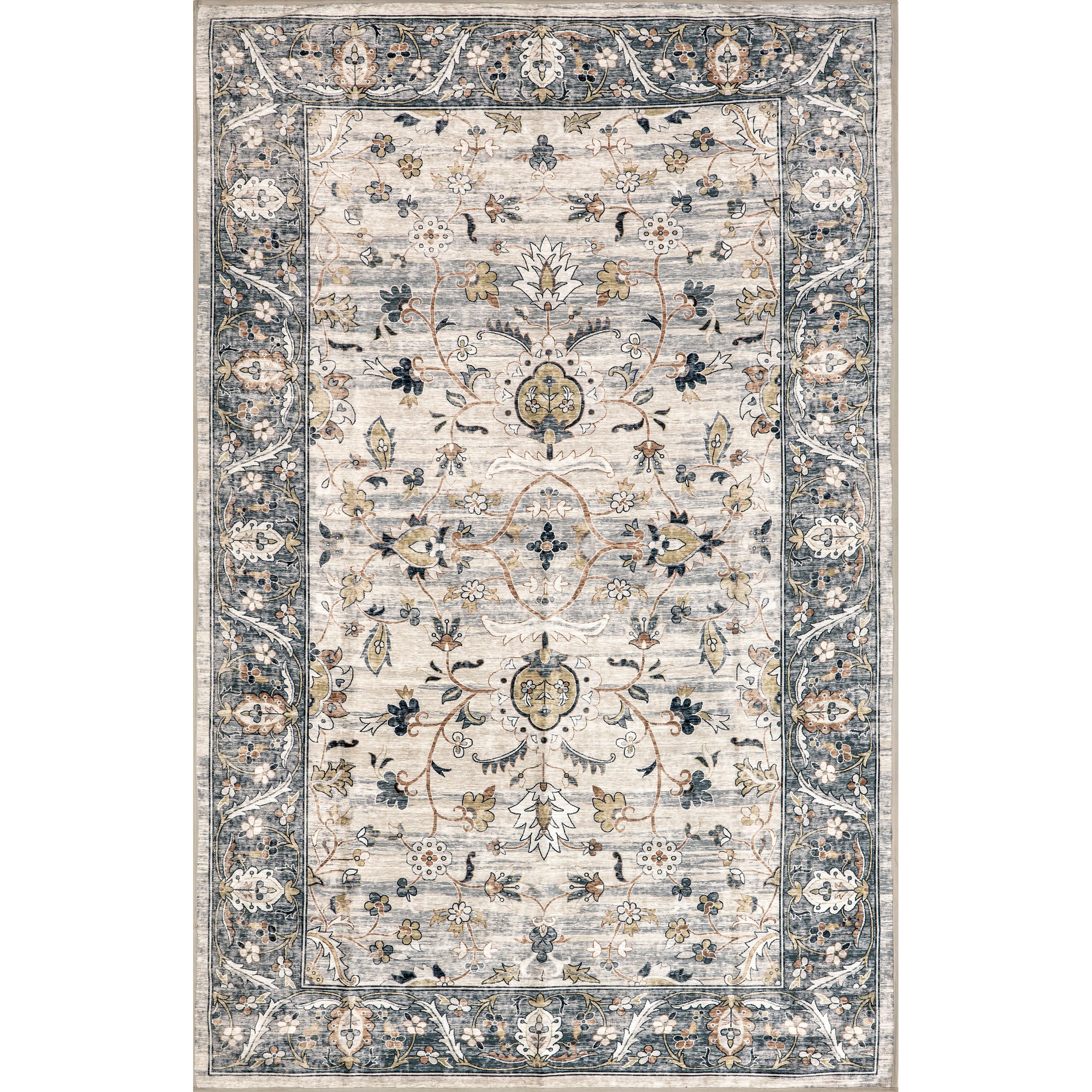 Dera Floral Border Machine Washable Area Rug