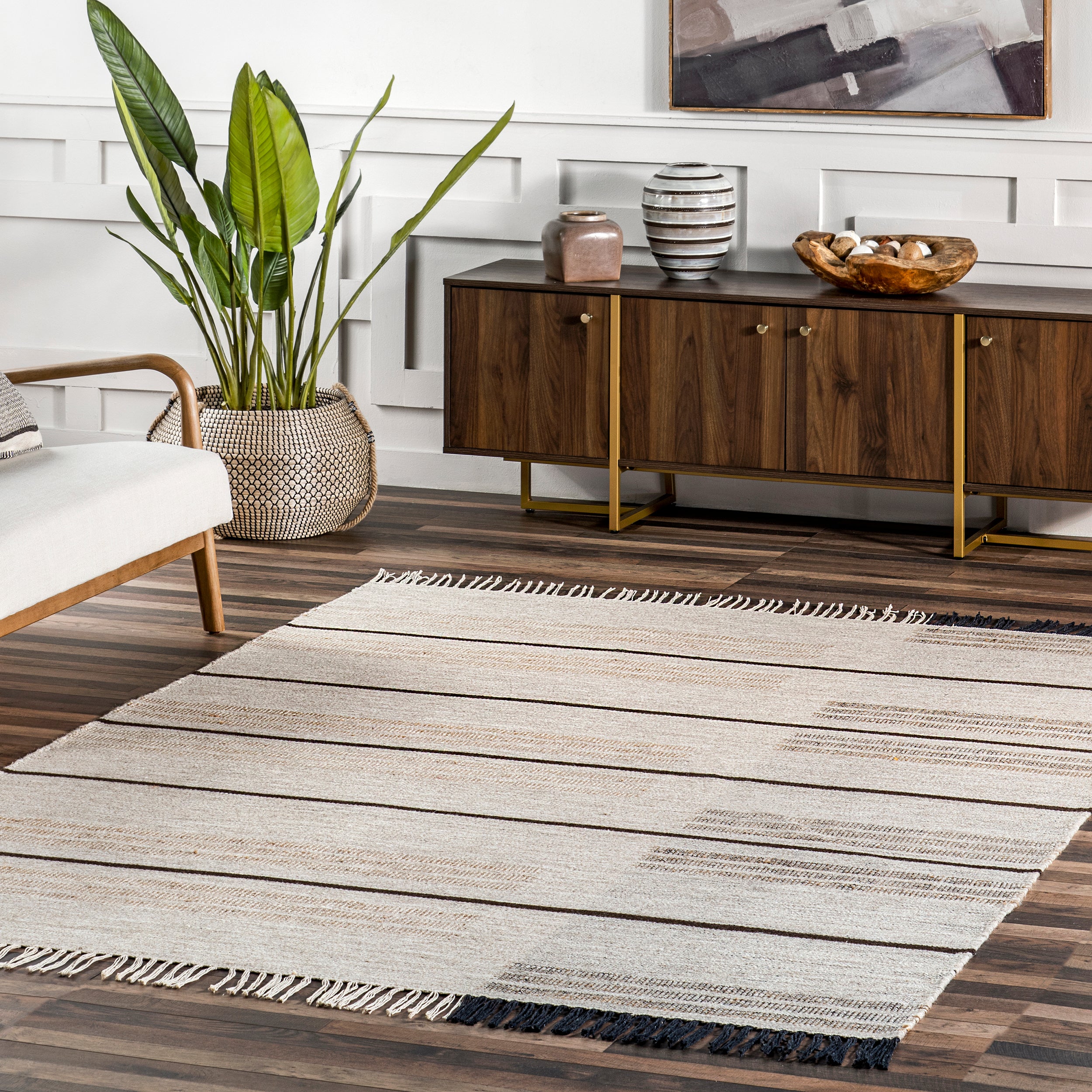 Nicky Contemporary Striped Wool Tassel Area Rug - Image 2