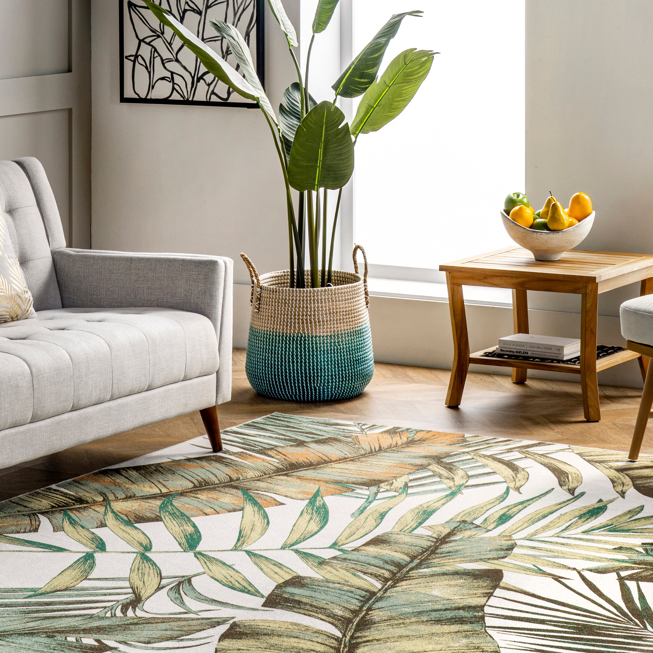 Elen Machine Washable Natural Leaves Area Rug - Image 9