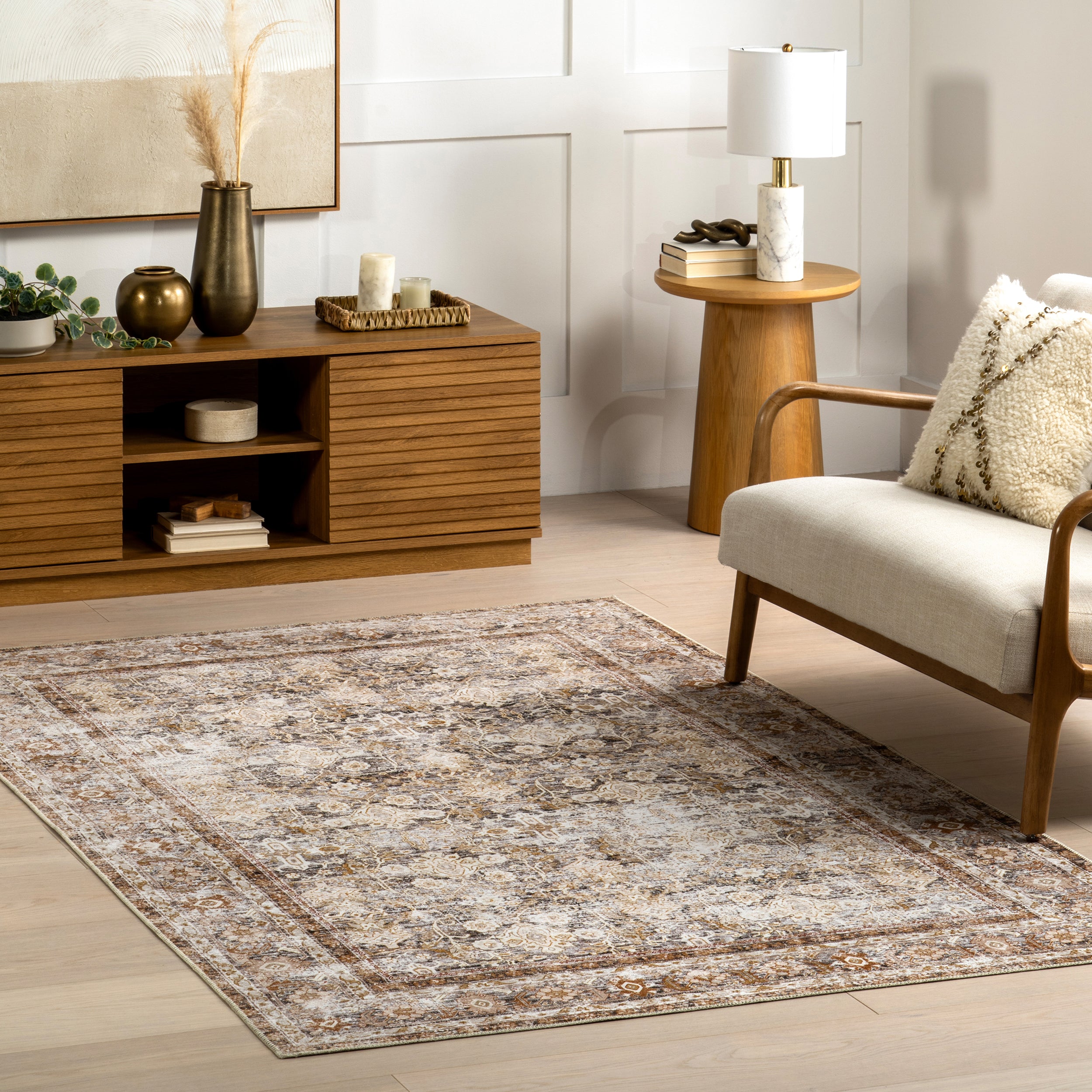 Anise Antique Floral Stain-Resistant Machine Washable Area Rug - Image 2
