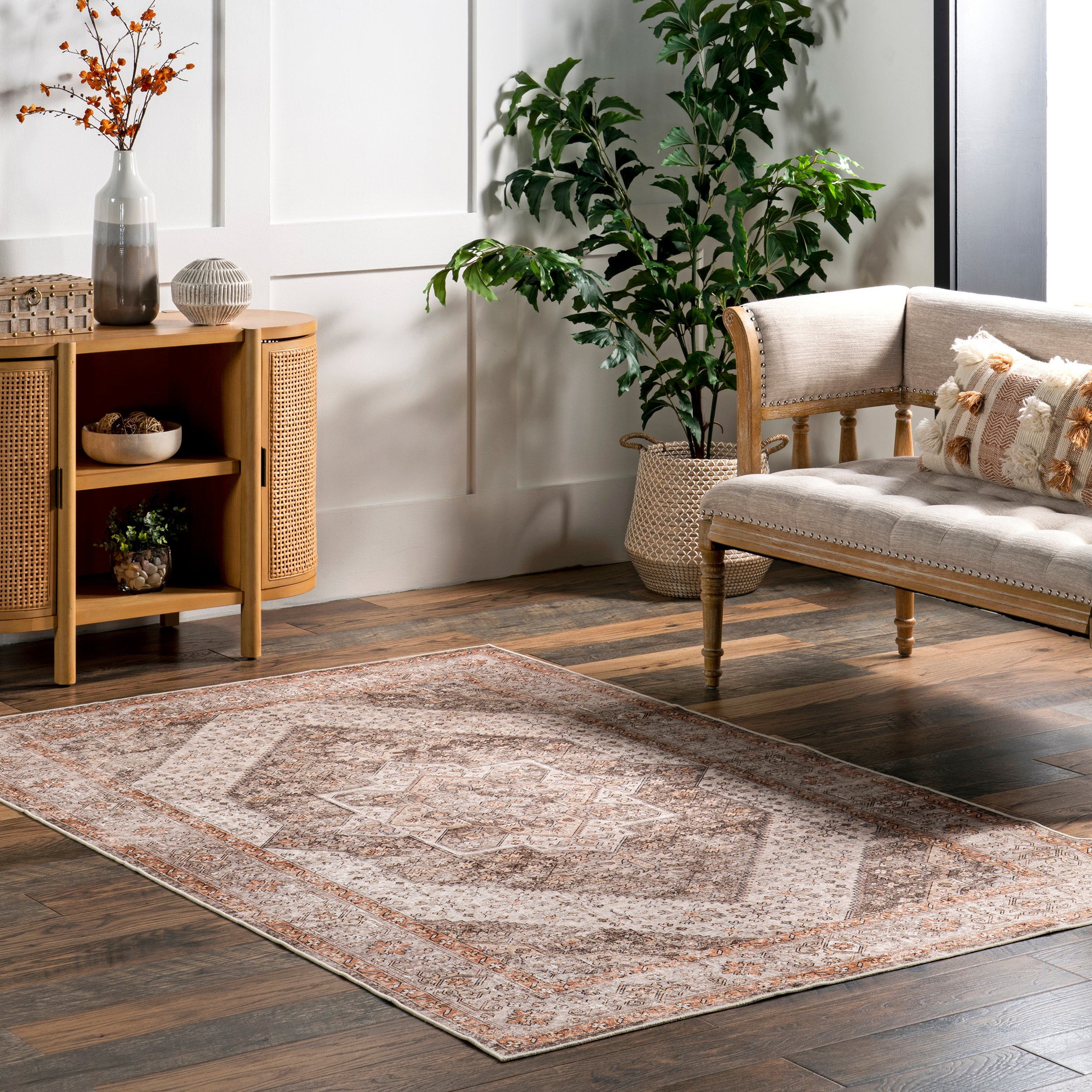 Sanna Distressed Medallion Machine Washable Area Rug - Image 2
