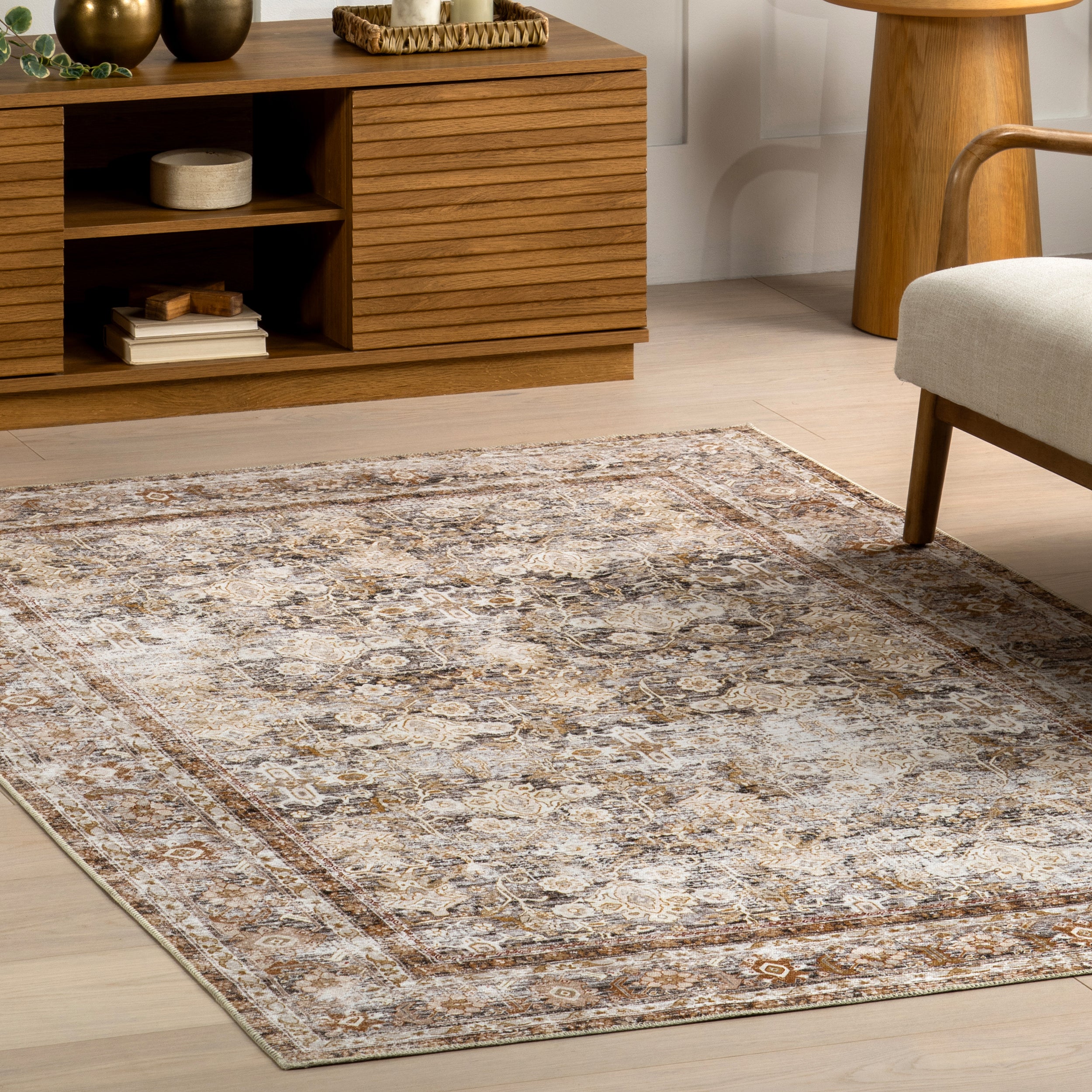 Anise Antique Floral Stain-Resistant Machine Washable Area Rug - Image 9