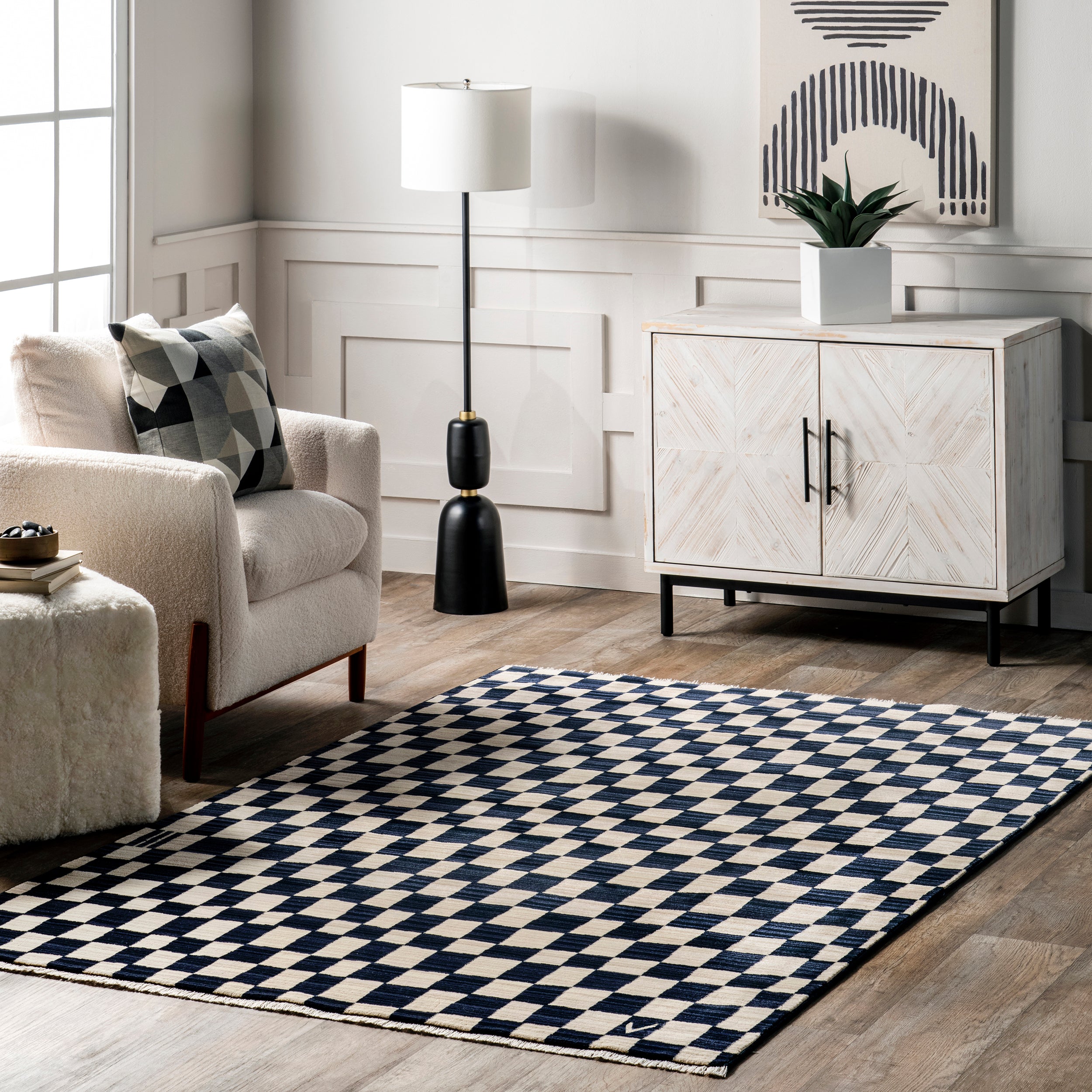 Dominique Abstract Checkered Fringe Area Rug - Image 2