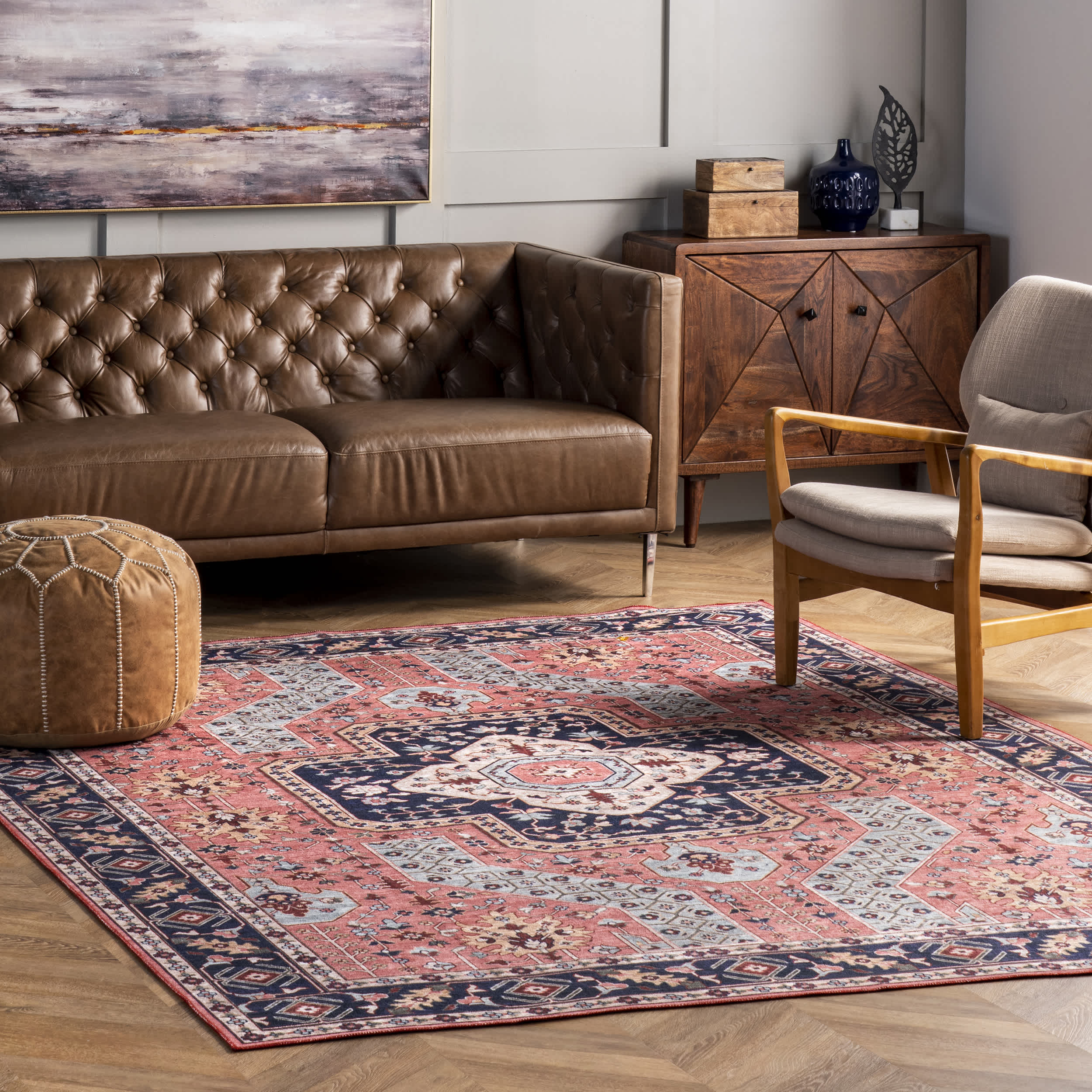Amber Machine Washable Floral Aztec Area Rug - Image 2