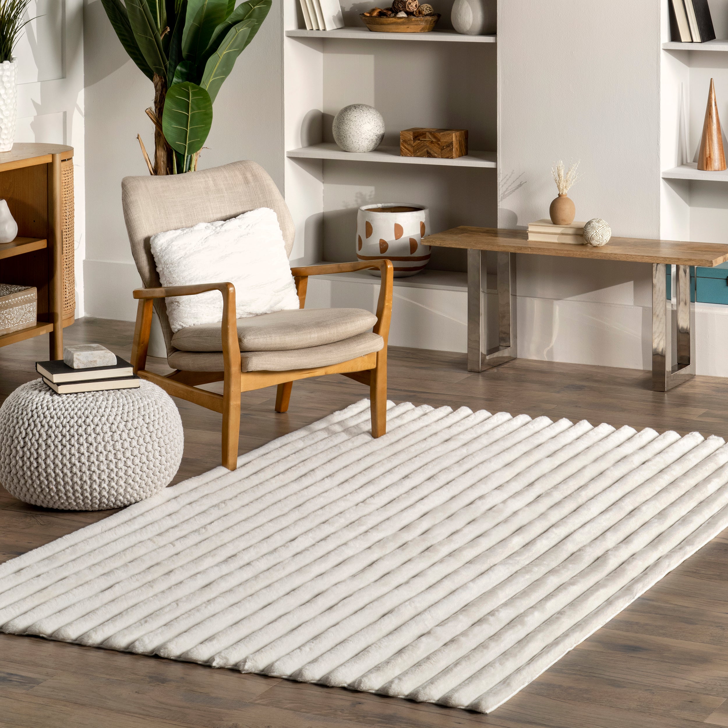 Kai Stripe Faux Rabbit Machine Washable Area Rug - Image 2
